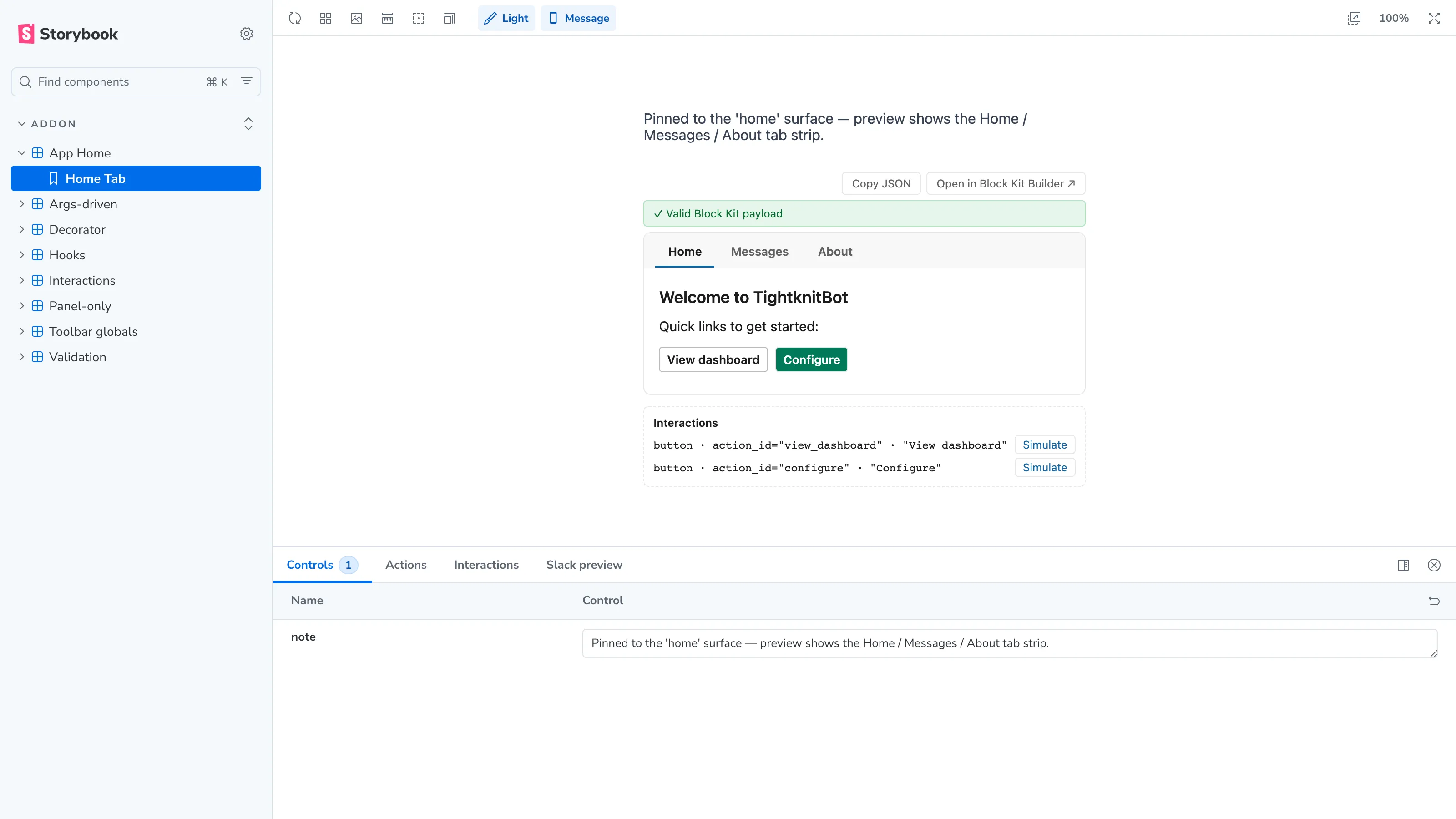 Preview of storybook-addon-slack-block-kit running at block-kit-storybook.tightknit.dev